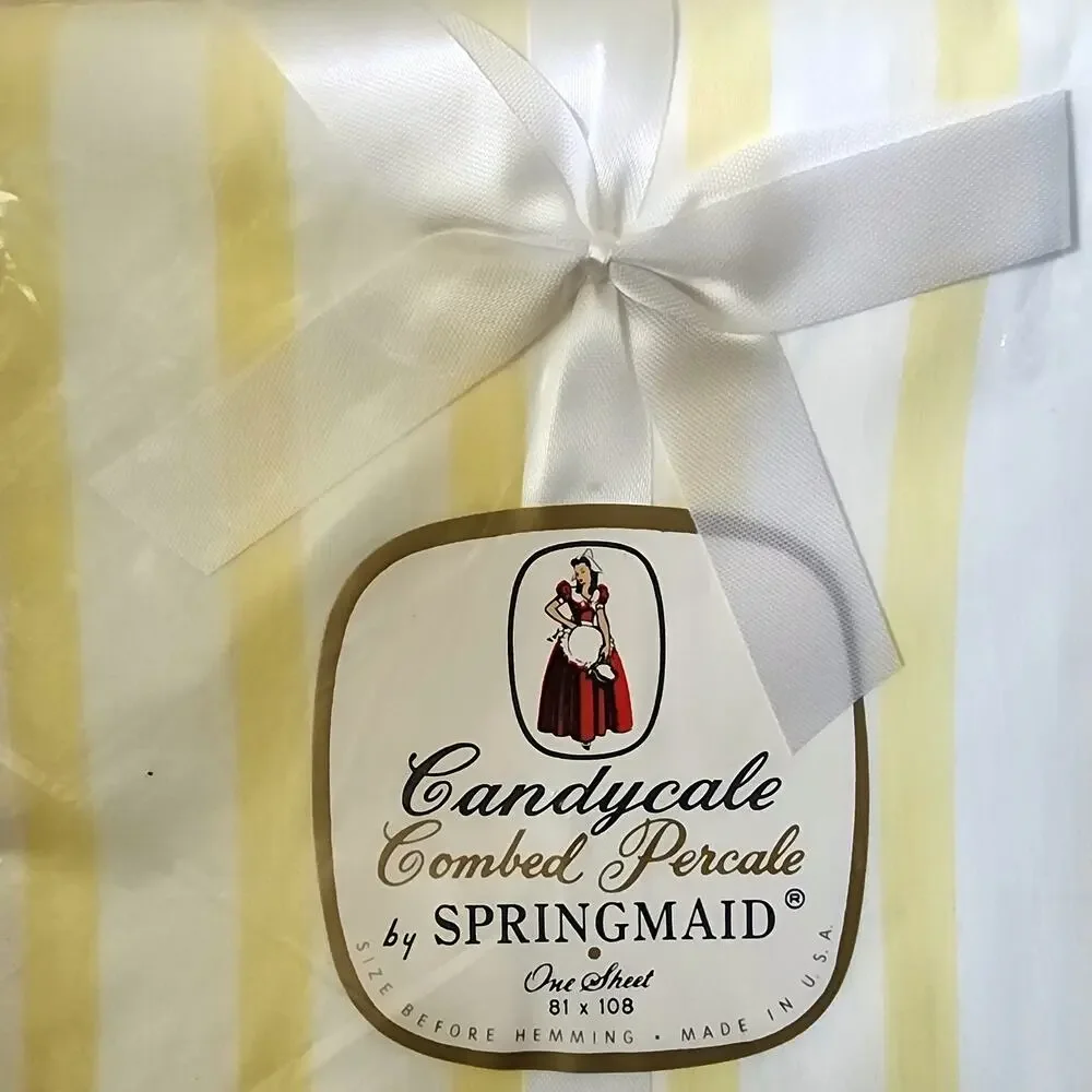 NOS Vintage Springmaid Candycale Combed Percale Flat Sheet 81x108 Yellow White